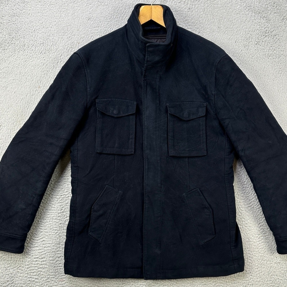 Elie Tahari Men Large Jacket Heavy Coat Blue Quilted Flap Pocket Snap Button EUC